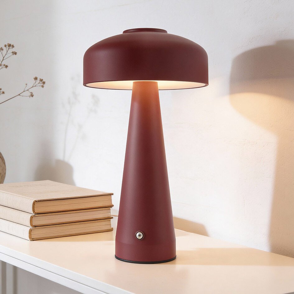 Lampe Borda — métal laqué bordeaux profond, LED tactile rechargeable